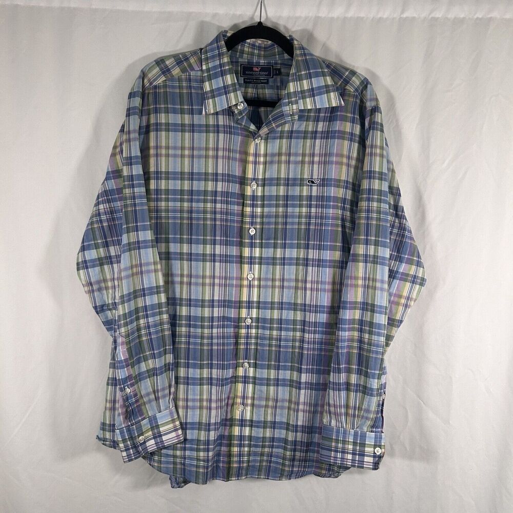 Vineyard Vines Dress Shirt Men's Large Blue Green Whale Plaid Button Up Long Sl